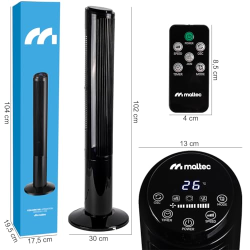 MalTec Turmventilator Fernbedienung Ventilator leise Standventilator ION-Ionisierung Säulenventilator bis zu 90° drehbar 45W 102cm schwarz
