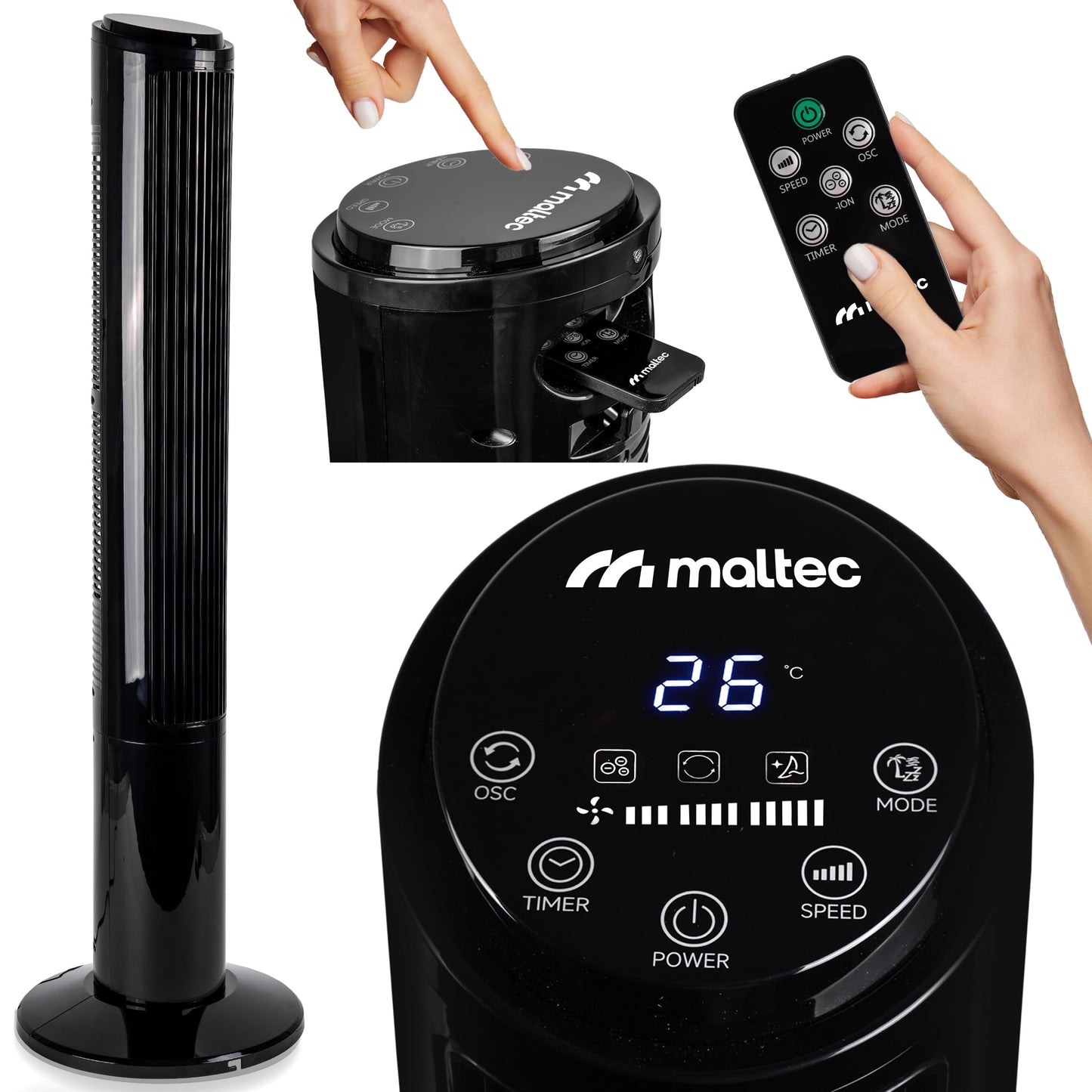 MalTec Turmventilator Fernbedienung Ventilator leise Standventilator ION-Ionisierung Säulenventilator bis zu 90° drehbar 45W 102cm schwarz