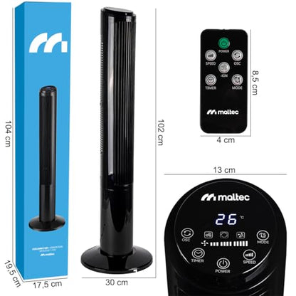 MalTec Turmventilator Fernbedienung Ventilator leise Standventilator ION-Ionisierung Säulenventilator bis zu 90° drehbar 45W 102cm schwarz