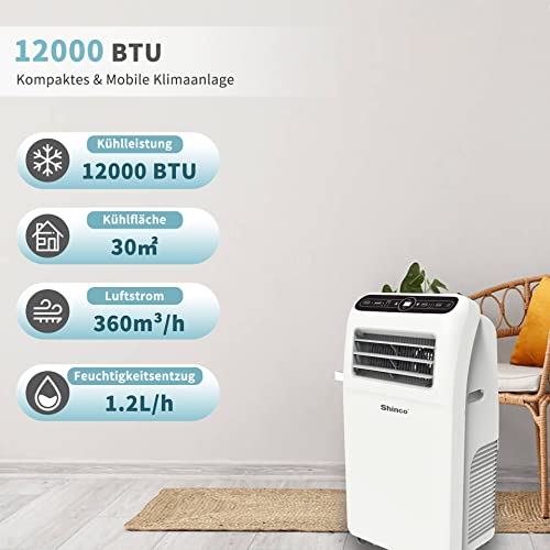 SHINCO Mobile Klimaanlage mit Abluftschlauch, 12000BTU, 3,5kw, Kühlen&Ventilieren&Entfeuchten, Mobiles Klimagerät mit Fenstermontage-Kit