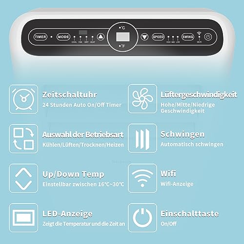 SHINCO Mobile Klimaanlage mit Abluftschlauch, 12000BTU, Kühlung&Heizung&Ventilieren&Entfeuchten, Mobiles Klimagerät mit Fenstermontage-Kit