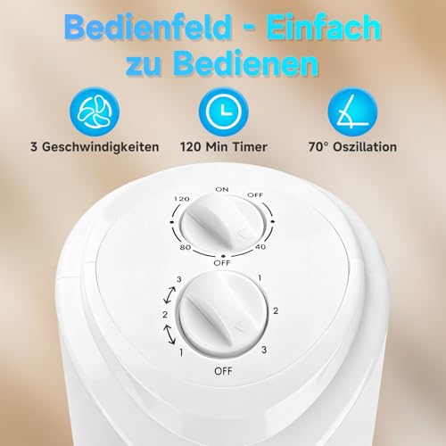 Aigostar Turmventilator Sehr Leise, 45W Tower Fan mit 3 Geschwindigkeiten & 70° Oszillation Standventilator, 2H Timer Leiser Ventilator für