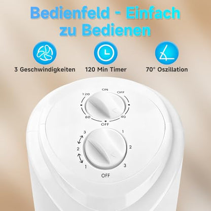 Aigostar Turmventilator Sehr Leise, 45W Tower Fan mit 3 Geschwindigkeiten & 70° Oszillation Standventilator, 2H Timer Leiser Ventilator für