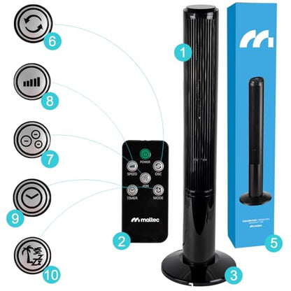 MalTec Turmventilator Fernbedienung Ventilator leise Standventilator ION-Ionisierung Säulenventilator bis zu 90° drehbar 45W 102cm schwarz