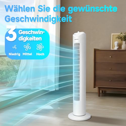 Aigostar Turmventilator Sehr Leise, 45W Tower Fan mit 3 Geschwindigkeiten & 70° Oszillation Standventilator, 2H Timer Leiser Ventilator für