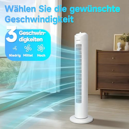 Aigostar Turmventilator Sehr Leise, 45W Tower Fan mit 3 Geschwindigkeiten & 70° Oszillation Standventilator, 2H Timer Leiser Ventilator für