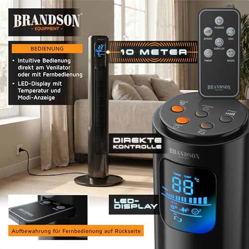 Brandson - Turmventilator mit Fernbedienung 96 cm - Preisträger 2026 - mobiler Lüfter leise - Standventilator Oszilation - 3 Geschwindigkeiten 3 Modi