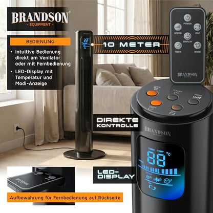 Brandson - Turmventilator mit Fernbedienung 96 cm - Preisträger 2026 - mobiler Lüfter leise - Standventilator Oszilation - 3 Geschwindigkeiten 3 Modi