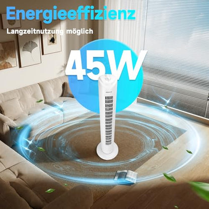 Aigostar Turmventilator Sehr Leise, 45W Tower Fan mit 3 Geschwindigkeiten & 70° Oszillation Standventilator, 2H Timer Leiser Ventilator für