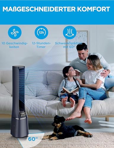 Midea MFP-120i (BL) 2 in 1 Turmventilator Leise 27dB Luftreiniger H13 True HEPA auf 47.6 ㎡ LED Display Fernbedienung Oszillation 12H Timer Kompatibel