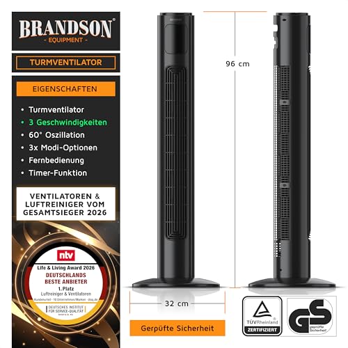 Brandson - Turmventilator mit Fernbedienung 96 cm - Preisträger 2026 - mobiler Lüfter leise - Standventilator Oszilation - 3 Geschwindigkeiten 3 Modi