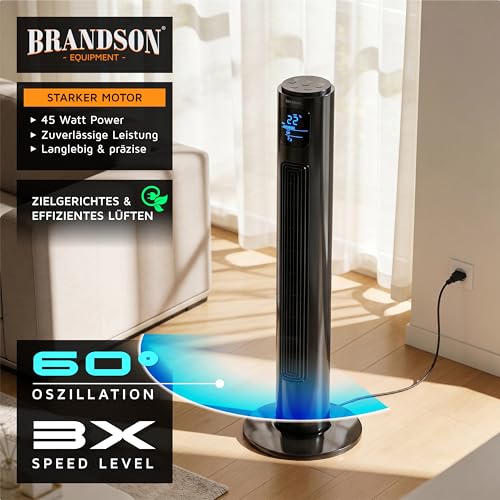 Brandson - Turmventilator mit Fernbedienung 96 cm - Preisträger 2026 - mobiler Lüfter leise - Standventilator Oszilation - 3 Geschwindigkeiten 3 Modi