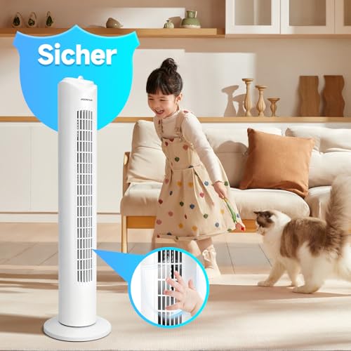Aigostar Turmventilator Sehr Leise, 45W Tower Fan mit 3 Geschwindigkeiten & 70° Oszillation Standventilator, 2H Timer Leiser Ventilator für