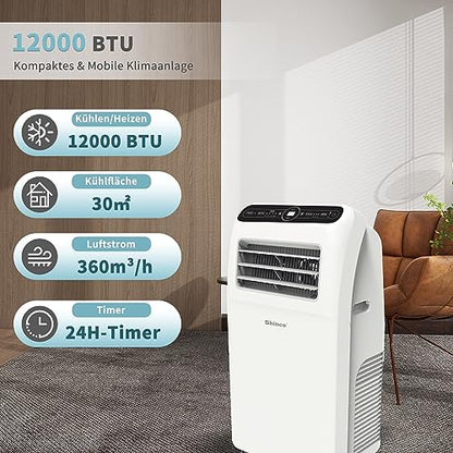 SHINCO Mobile Klimaanlage mit Abluftschlauch, 12000BTU, Kühlung&Heizung&Ventilieren&Entfeuchten, Mobiles Klimagerät mit Fenstermontage-Kit