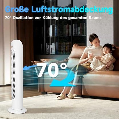 Aigostar Turmventilator Sehr Leise, 45W Tower Fan mit 3 Geschwindigkeiten & 70° Oszillation Standventilator, 2H Timer Leiser Ventilator für