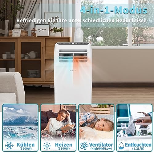 SHINCO Mobile Klimaanlage mit Abluftschlauch, 12000BTU, Kühlung&Heizung&Ventilieren&Entfeuchten, Mobiles Klimagerät mit Fenstermontage-Kit