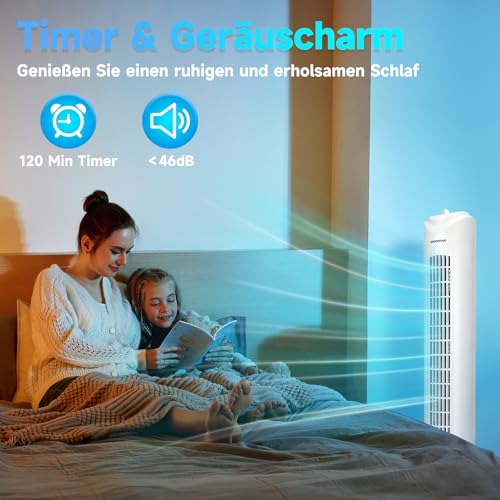 Aigostar Turmventilator Sehr Leise, 45W Tower Fan mit 3 Geschwindigkeiten & 70° Oszillation Standventilator, 2H Timer Leiser Ventilator für