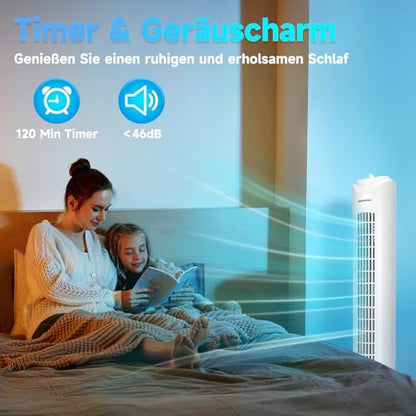 Aigostar Turmventilator Sehr Leise, 45W Tower Fan mit 3 Geschwindigkeiten & 70° Oszillation Standventilator, 2H Timer Leiser Ventilator für